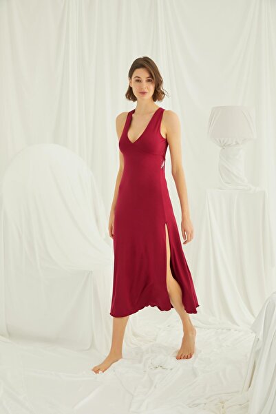 MONAMİSE Women'S, Low-Cut Lace Slit Red Nightgown with Open Chest and Back