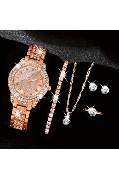 Mumicemum Elegant Saat ile Kolye+Küpe+Yüzük+Bileklik 6 parça Takı Seti