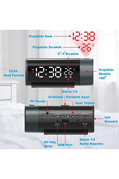 HyMark Projeksiyonlu Silindir USB Güç LED Ekran Çalar Saat Sıcaklık Çift Alarm