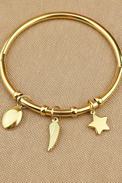 Keyifli Hayaller 316L Çelik Kelepçe Bileklik | Yıldız - Kanat Charmlı Çelik Kelepçe Bileklik | Çap:6,2 cm