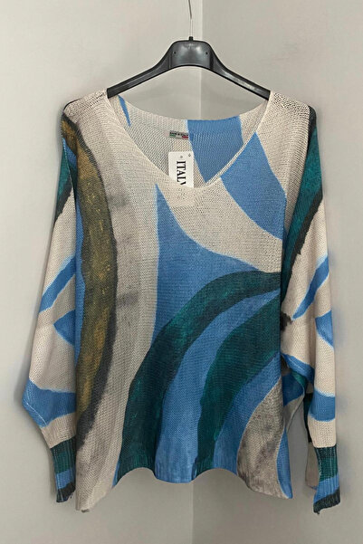 AYASOFYA OTANTIK Women's Italian Beige Blue V-Neck Vintage Abstract Patterned Loose Mercerized Blouse