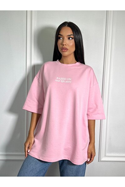 CC STORE Tricou oversized „Based on real life story”, cu imprimeu minimalist ...