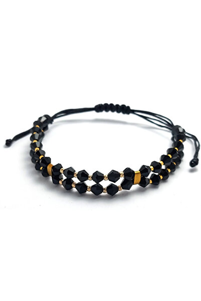 Bijolin Gold Double bracelet with 10 14k gold balls, gold myuki and black crystals