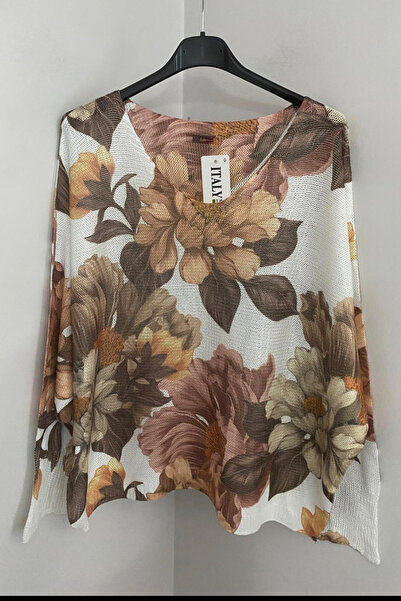 AYASOFYA OTANTIK Γυναικεία ιταλική καφέ μπλούζα με λαιμόκοψη σε σχήμα V, αντίκα με λουλουδάτο σχέδιο, χαλαρή μερσεριζέ μπλούζα