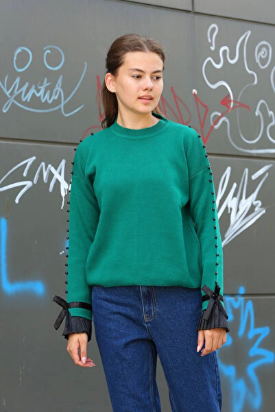 Ethab Ticaret Even Detailed Beaded Sweater Petrol Green