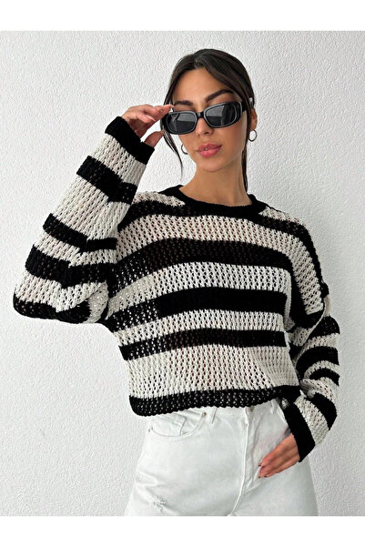 Ethab Ticaret Striped bicycle collar knit sweater white black