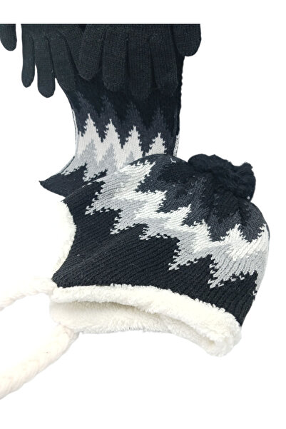 Mustran Children's Scarf, Beanie, Gloves Set of 3 Unisex Waiter Pom-Pom Furry Drawstring Knitwear Winter Gift