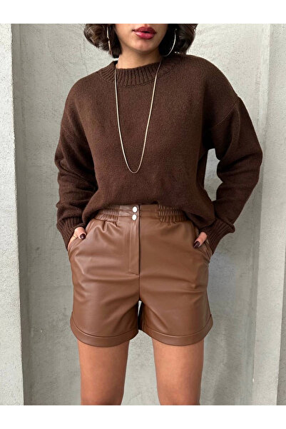 Ethab Ticaret Leather Shorts with Elasticated Waistband Snap Fastener Coffee ...