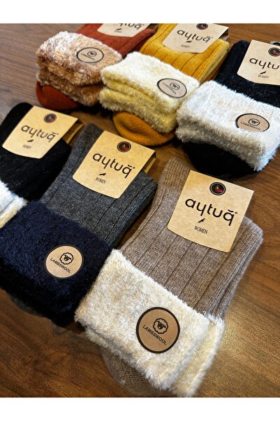 Aytuğ Women's Winter Folded Lambswool Lamb Wool Socks 3 Pack
