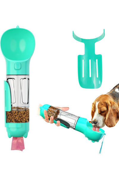 OEM 4-in-1 portable dog water bottle: 500ml water, 100ml food, bowl, shovel+bags, anti-leak, turquoise