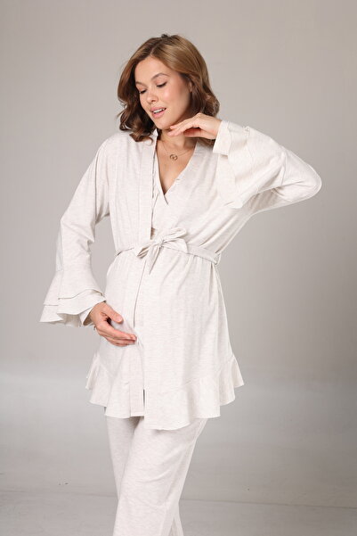 Lohussa Women's Beige Flared Sleeve Double-Breasted Collar Winter Special Design Maternity Pajama Set