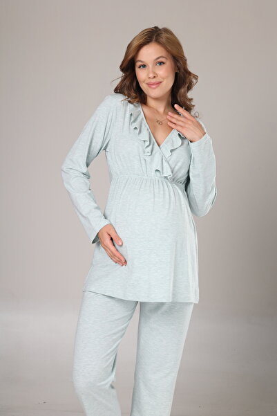 Lohussa Women's Green Melange Flared Sleeve Winter Special Design Maternity Pajama Set
