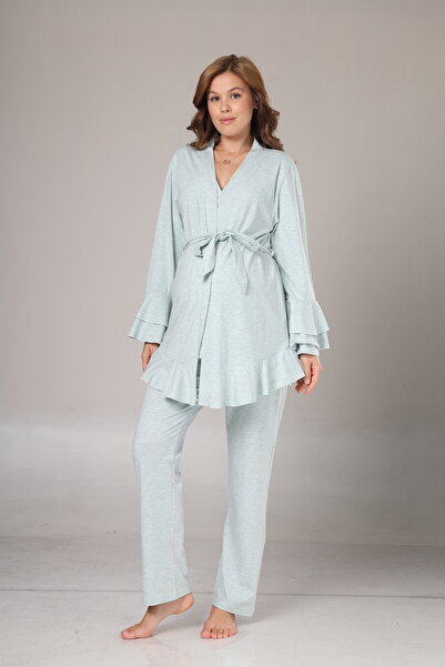 Lohussa Women's Green Melange Flared Sleeve Winter Special Design Maternity Pajama Set