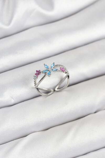 Lisinya Brass Silver Color Zircon Stone Blue Flower Women's Ring - Tygoo