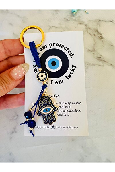 Talia&Talia سلسلة مفاتيح هدية مزينة بخرز العين الزرقاء - يد فاطمة - أزرق داكن