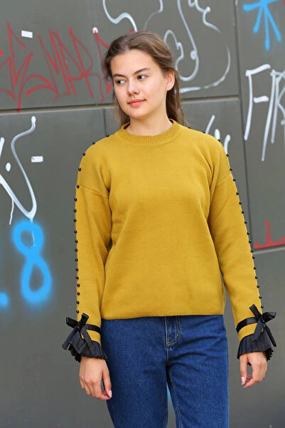 Ethab Ticaret Even Detailed Sweater with Beads Mustard