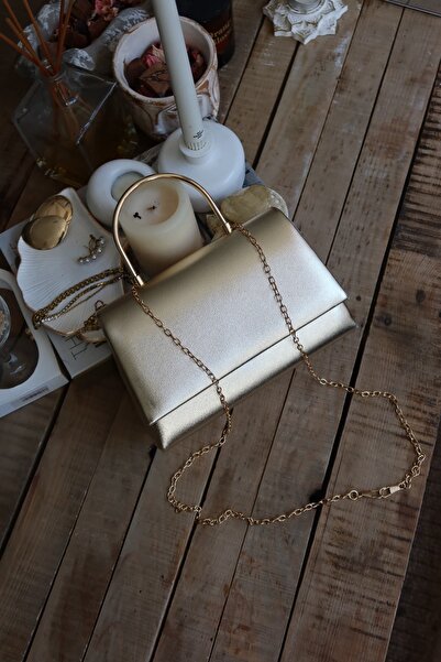 Moom Bag Kadın Gold Deri Metal Sap Detaylı El & Omuz Çantası