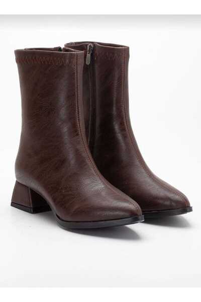 Bilalim Shoes Kadın kahve ortadan Dikişli Bot Fermuarlı Kısa Topuklu Bot