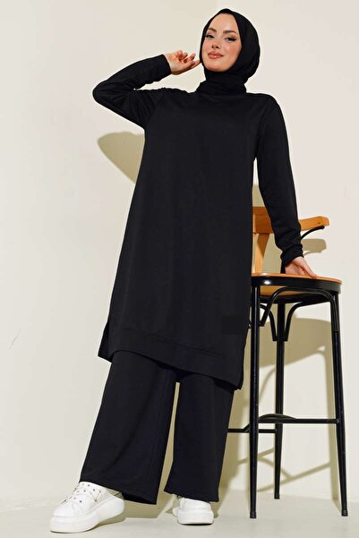 Gül Siyah İki İplik Kumaş Rahat Kesim Sweatshirt ve Pantolon İkili Takım