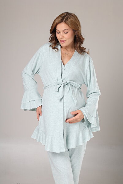 Lohussa Women's Green Melange Flared Sleeve Winter Special Design Maternity Pajama Set