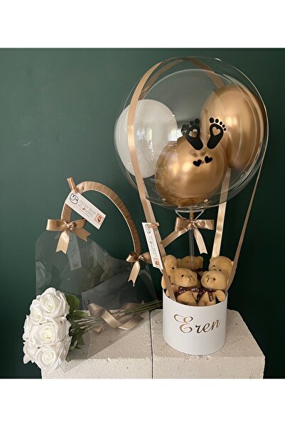 UB Bej Ayıcıklı Balon Kutusu Çantada Beyaz Güller Set