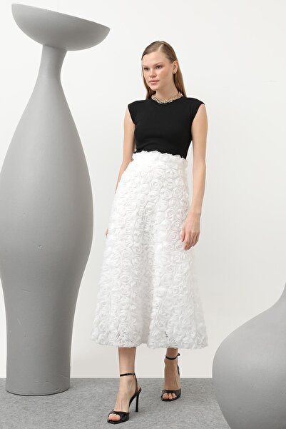 Loreen Kadın Gül Motifli Kloş Tül Etek - 20628ETK - BEYAZ