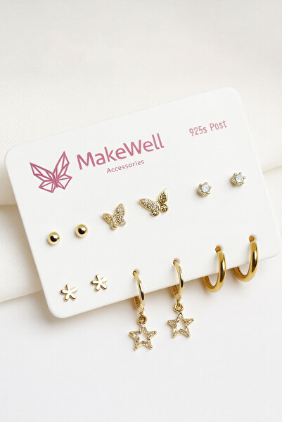 MakeWell 925 Ayar Gümüş İğneli Kelebek Yıldız Çiçek Tasarımlı Zirkon Taşlı Çe...