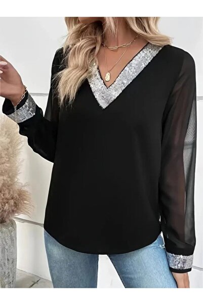 ARONA Eyesof Women's Long Sleeve V Sequin Collar Imported Crepe Blouse