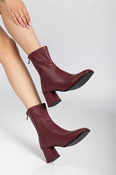 Elegant steps Cİlt Kadın Kalın Kare Burun Topuklu Arka Fermuarlı Çorap Kısa Bot