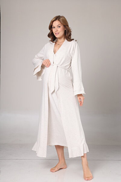 Lohussa Kadın Bej Volanlı Uzun Kol Tam Boy Kışlık Özel Tasarım Lohusa Hamile Sabahlık Gecelik Seti