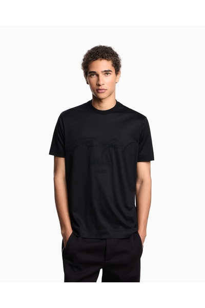 Emporio Armani Erkek Regular Fit Yuvarlak Yakalı Logo İşlemeli Pamuklu Kısa Kollu Siyah T-Shirt EM003007 AF18312-UC