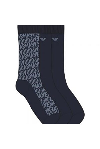Emporio Armani Men's Jacquard Patterned Stretch Cotton 3-Pack Navy Blue1 Socks Em000554 Af18180-Mb285