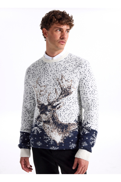 Fabrika Bisiklet Yaka Slim Fit Desenli Kırık Beyaz Erkek Kazak F5WM-KZK 2540