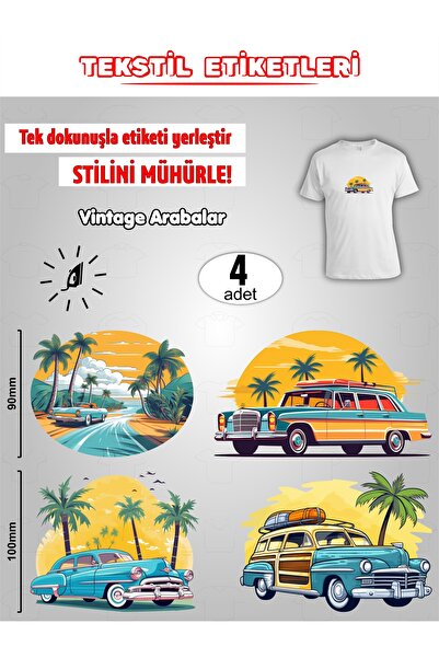 AGG Reklam Ütü ile Yapışan Kıyafet Etiketi Vintage Arabalar 4Lü Set