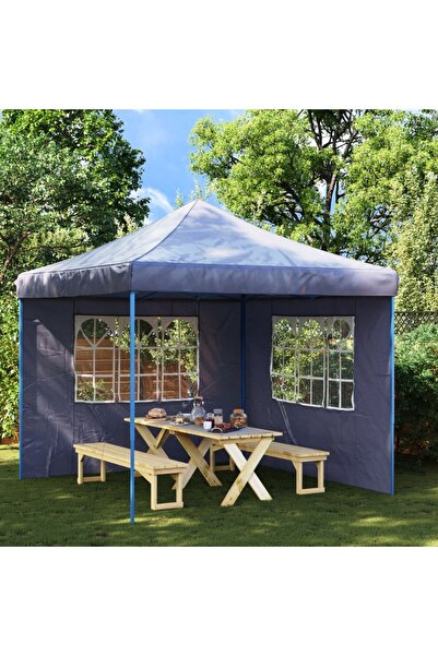 vidaxl جدار جانبي لخيمة الحفلات، قطعتان مع نافذة، لون أزرق من البولي إيثيلين