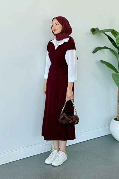 Şulemoda Giyim قميص معلم بياقة كول مع فستان مضلع باللون الأحمر الداكن