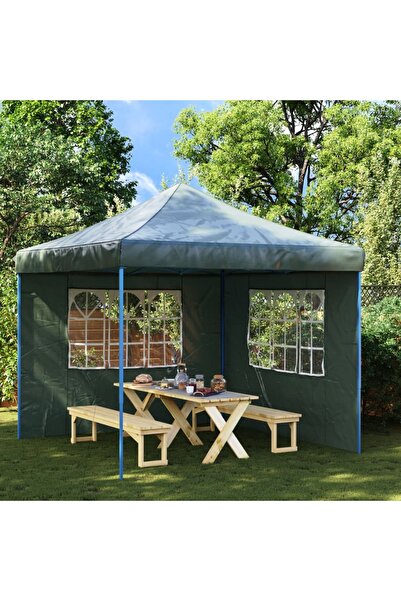 vidaxl جدار جانبي لخيمة الحفلات، قطعتان مع نافذة، لون أخضر من البولي إيثيلين