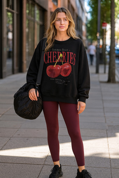 UNCİA OUTDOORS Hanorac de damă cu imprimeu cu cireșe, supradimensionat, cu mâ...