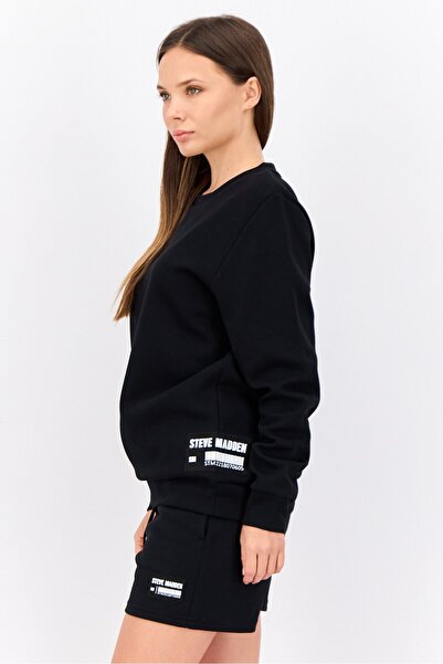 Steve Madden Women 2 Piece Long Sleeve Brand Logo Sweatshirt And Shorts Set, Black