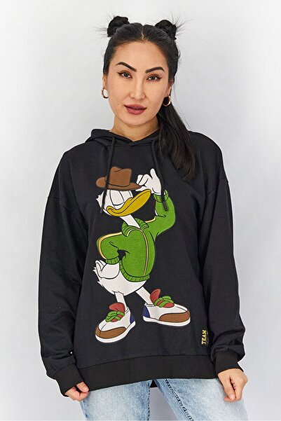Disney Women Drawstring Graphic Print Long Sleeve Sweatshirt, Black