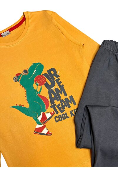 Fil Kids Erkek Çocuk %100 Pamuklu Turuncu Renk Basketçi Dinozor Desenli Uzun Kollu Kışlık Pijama