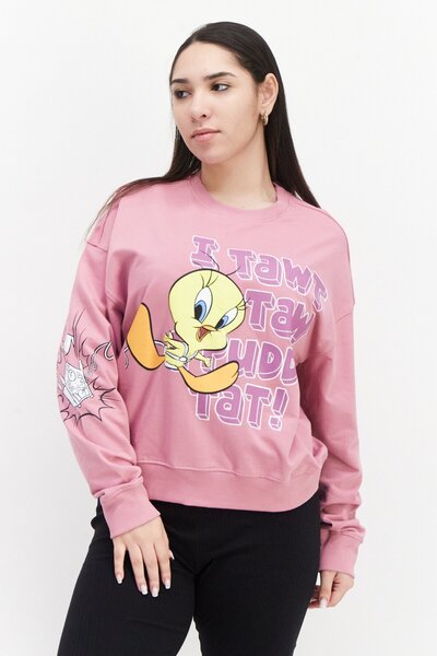 Looney Tunes Women Crew Neck Long Sleeve Graphic Print Sweatshirt, Pink Combo