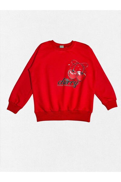 Fil Kids Kız Çocuk %100 Pamuklu Kumaş Kırmızı Renk Kiraz Desenli Uzun Kollu Kışlık Eşofman Takımı