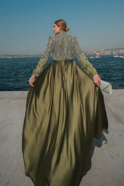 hakimoda Tesettür Ceyla Boncuklu Abiye Zeytin Yeşili