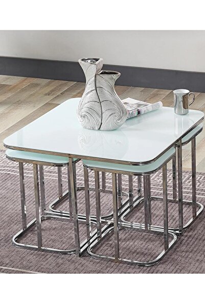 EYKAN CONCEPT 5li Orta Zigon 4 1 Beyaz Temperli Cam Gümüş Metal Ayak Takım Sehpa