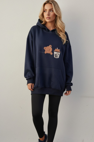 UNCİA OUTDOORS Kadın Kapüşonlu Sweatshirt Ayıcık Baskılı Oversize Hoodie