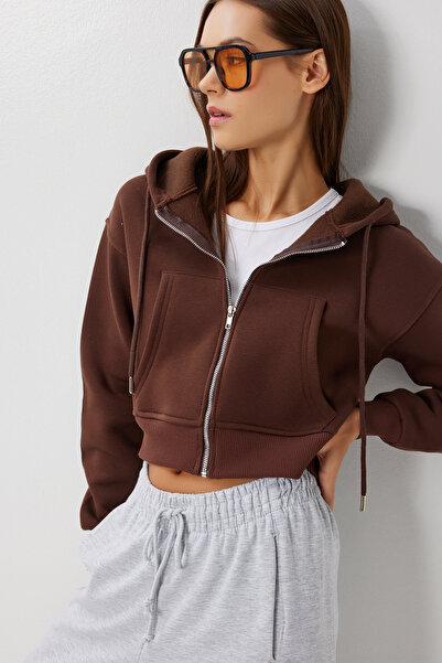 Lovelyİstanbul Kapüşonlu Fermuarlı Şardonlu Örme Sweatshirt LPX0004 KAHVERENGİ