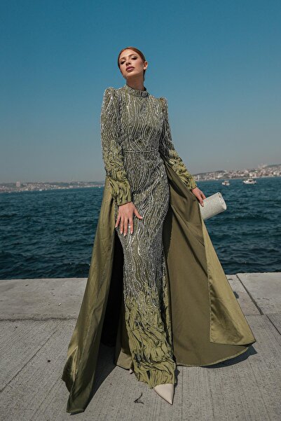 hakimoda Tesettür Ceyla Boncuklu Abiye Zeytin Yeşili