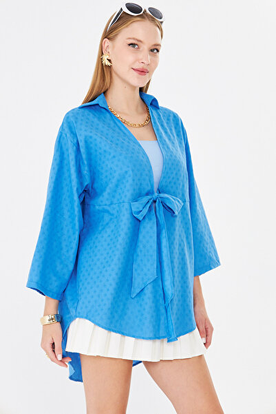 armonika Women's Blue Front Tie Kimono Shirt Arm-25Y001108