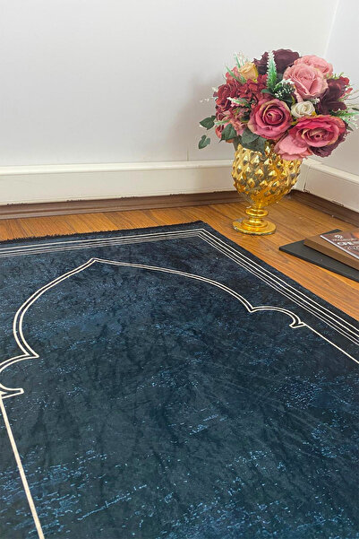 aymira home Dekoratif Dijital Baskılı Lacivert Kaymaz Taban Seccade Namazlık 75x120